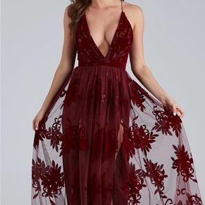 BRAND NEW - Formal Flocked Velvet Dress - Burgundy